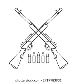 Dos rifles cruzados con municiones en una simple ilustración en blanco y negro