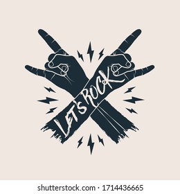 Two crossed rock hands gesture with let's rock caption. Rock music label concept for poster or sticker design. Isolated on white background. Vector illustration.