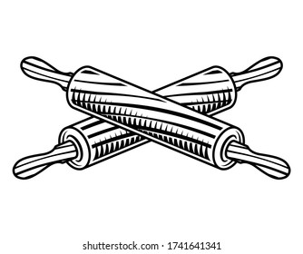 Dos pins de rodadura cruzados objeto vectorial o elemento en el estilo monocromo vintage para el diseño de panadería. Ilustración aislada en fondo blanco