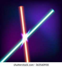 Two crossed sabers. Red and blue sword in the night sky. Neon swords. Vector illustration