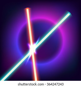 Two crossed sabers. Red and blue sword in the night sky. Neon swords and dark planet in space. Flash contact. Vector illustration