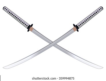 Two crossed samurai swords. Isolated on white. Vector illustration