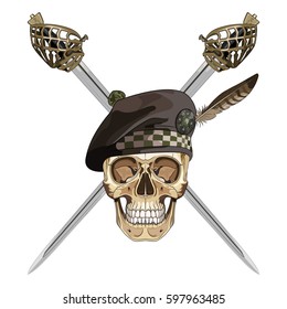 Two crossed Scottish Highland backsword and the skull in the Scottish balmoral bonnet, isolated on white, vector illustration