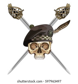 Two crossed Scottish Highland backsword and the skull in the Scottish balmoral bonnet, isolated on white, vector illustration