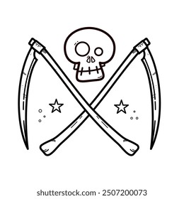 two crossed scythes with skull - vector illustration