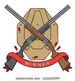 Two crossed shotguns with target, ammo and red ribbon, vector illustration isolated on white background. Hunting gun 