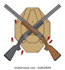 Two crossed shotguns with target and ammo, vector illustration isolated on white background. Hunting gun 