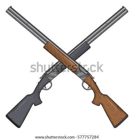 Two crossed shotguns, vector illustration isolated on white background. Hunting gun 