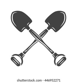 Two crossed shovels. Black on white flat vector illustration, logo element isolated on white background