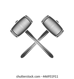 Two crossed sledge hammers. Black on white flat vector illustration, logo element isolated on white background