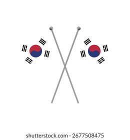 Two crossed South Korean flags on poles flat illustration