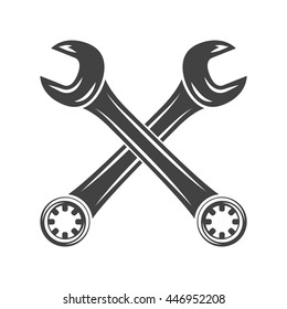 Two crossed spanners. Black on white flat vector illustration, logo element isolated on white background