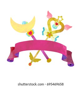 Two crossed star wands for evil fighting magical girl. Poster or t-shirt design on white background. Watercolour imitation
