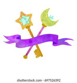 Two crossed star wands for evil fighting magical girl. Poster or t-shirt design on white background. Watercolour imitation
