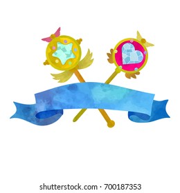 Two crossed star wands for evil fighting magical girl. Poster or t-shirt design on white background. Watercolour imitation