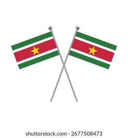 Two crossed Suriname flags on poles on a black background flat illustration