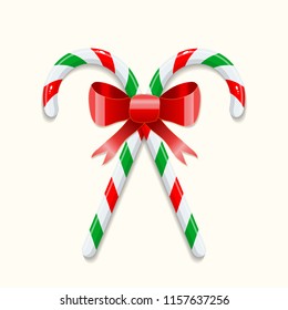 Two crossed sweet Christmas candy canes tied with a red bow. Graphic element for greeting card on New Year and Christmas. Vector illustration