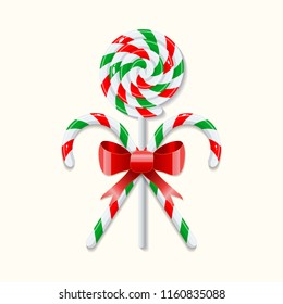 Two crossed sweet Christmas candy canes and lollipop tied with a red bow. Graphic element for greeting card on New Year and Christmas. Vector illustration