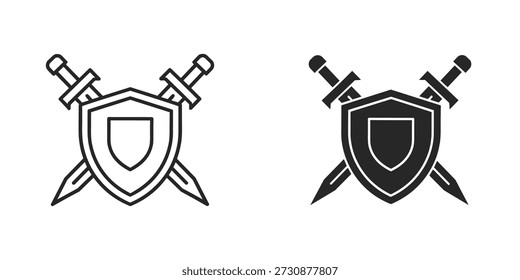 Two crossed swords behind a shield in black and white line style heraldry medieval