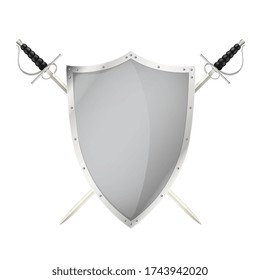 Dos espadas cruzadas detrás de blindaje en blanco metal armadura personal imagen aislada realista ilustración vectorial 