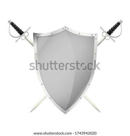 Two crossed swords behing blank shield steel metal personal armor realistic isolated image vector illustration 
