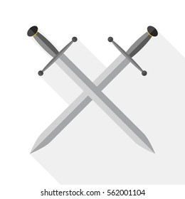 Two crossed swords in flat design with long shadow. Simple sword icon isolated. Vector illustration.