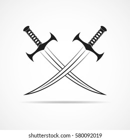 Two crossed swords in flat design. Simple black sword icon isolated. Vector illustration.