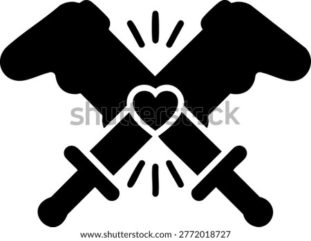 Two crossed swords forming an X shape with heart in center. Symbol of love, fight for love, union, battle, duel. Glitch effect.