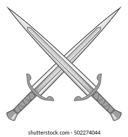 Two crossed swords icon. Gray monochrome illustration of two crossed swords vector icon for web