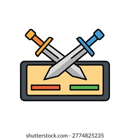 Two crossed swords icon on a computer screen with progress bars Vector