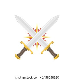 Two crossed swords isolated on white background. Medieval weapons in flat style. Steel knightly cartoon blade. Symbol of force and attack. Game design elements. Vector illustration EPS 10.