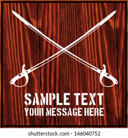 Two crossed swords isolated on wooden background