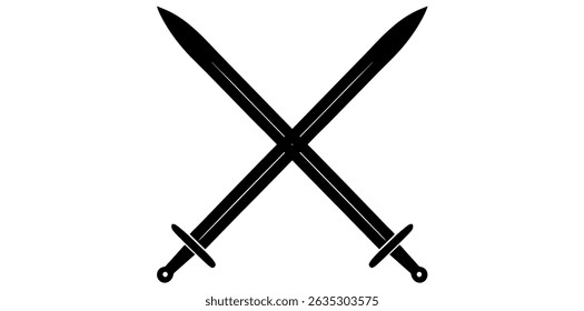 Dos Espadas Cruzadas Aisladas Sobre Fondo Blanco, Espadas Medievales Siluetas Ilustración vectorial.	
