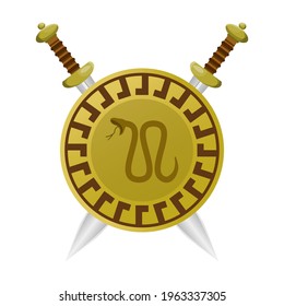 Two crossed swords on the background of the ancient Greek shield. Vector illustration isolated on white background