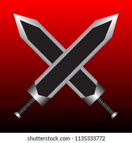 Two Crossed Swords on Red Background. Two-handed sword. Great Sword Logo.  Sword of the Berserker. Vector Illustration for Design, Game.