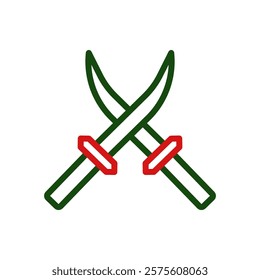 Two crossed swords with red handles