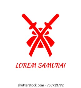 Two crossed swords and a samurai helmet. Red abstract logo template.