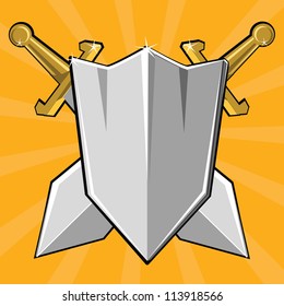 Two crossed swords and shield. Cartoon vector illustration