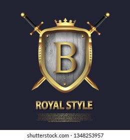 Two crossed swords and shield with crown and letter B. Letter Design in gold color for uses as heraldic symbol of power, loyalty, security, emblem, logo. Background Vector illustration