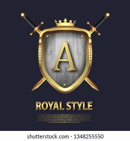 Two crossed swords and shield with crown and letter A. Letter Design in gold color for uses as heraldic symbol of power, loyalty, security, emblem, logo. Background Vector illustration