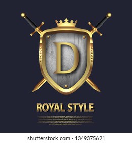 Two crossed swords and shield with crown and letter D. Letter Design in gold color for uses as heraldic symbol of power, loyalty, security, emblem, logo. Background Vector illustration