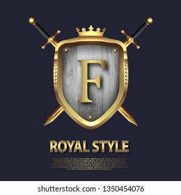 Two crossed swords and shield with crown and letter F. Letter Design in gold color for uses as heraldic symbol of power, loyalty, security, emblem, logo. Background Vector illustration