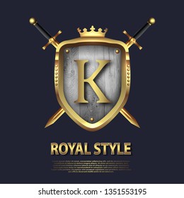 Two crossed swords and shield with crown and letter K. Letter Design in gold color for uses as heraldic symbol of power, loyalty, security, emblem, logo. Background Vector illustration