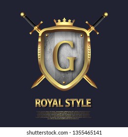Two crossed swords and shield with crown and letter G. Letter Design in gold color for uses as heraldic symbol of power, loyalty, security, emblem, logo. Background Vector illustration