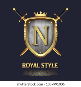 Two crossed swords and shield with crown and letter N. Letter Design in gold color for uses as heraldic symbol of power, loyalty, security, emblem, logo. Background Vector illustration