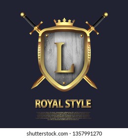 Two crossed swords and shield with crown and letter L. Letter Design in gold color for uses as heraldic symbol of power, loyalty, security, emblem, logo. Background Vector illustration