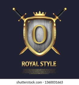 Two crossed swords and shield with crown and letter O. Letter Design in gold color for uses as heraldic symbol of power, loyalty, security, emblem, logo. Background Vector illustration