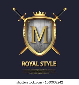 Two crossed swords and shield with crown and letter M. Letter Design in gold color for uses as heraldic symbol of power, loyalty, security, emblem, logo. Background Vector illustration