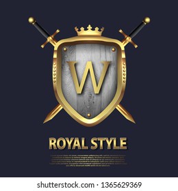Two crossed swords and shield with crown and letter W. Letter Design in gold color for uses as heraldic symbol of power, loyalty, security, emblem, logo. Background Vector illustration
