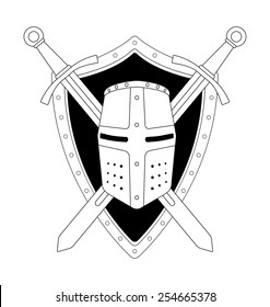 Two crossed swords shield and helmet heraldry emblem. Security logo. Clip art contour lines vector illustration isolated on white